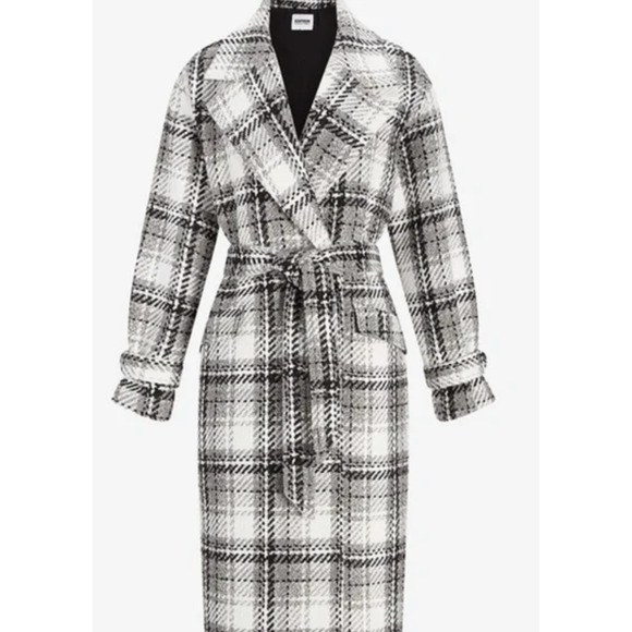 NEW EXPRESS BLACK WHITE GRAY PLAID BELTED WRAP FRONT COAT SIZE SMALL - Picture 5 of 10